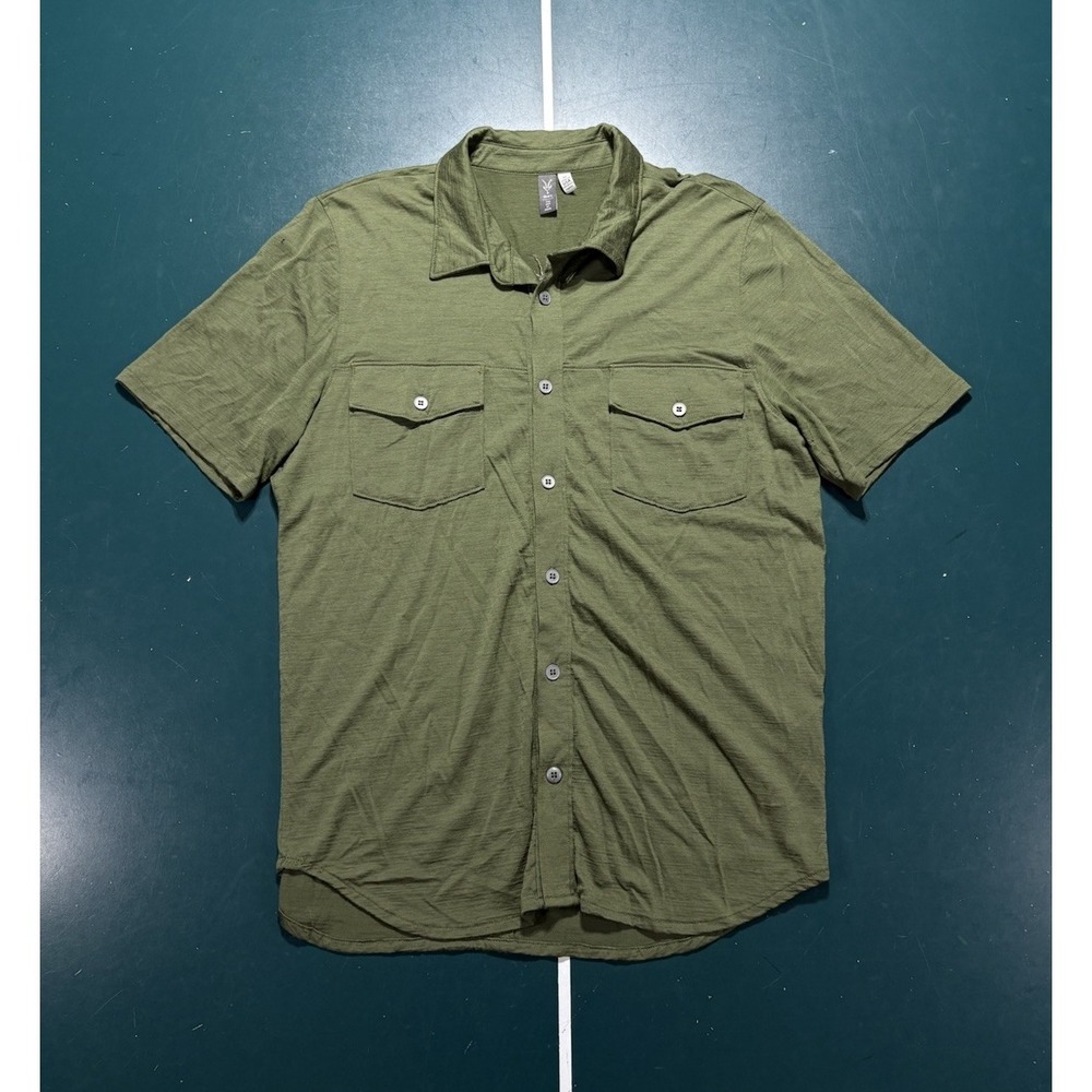 Ibex Wool Button Up Shirt Men's Medium Short Sleeve Green Merino Outdoor Flaws*